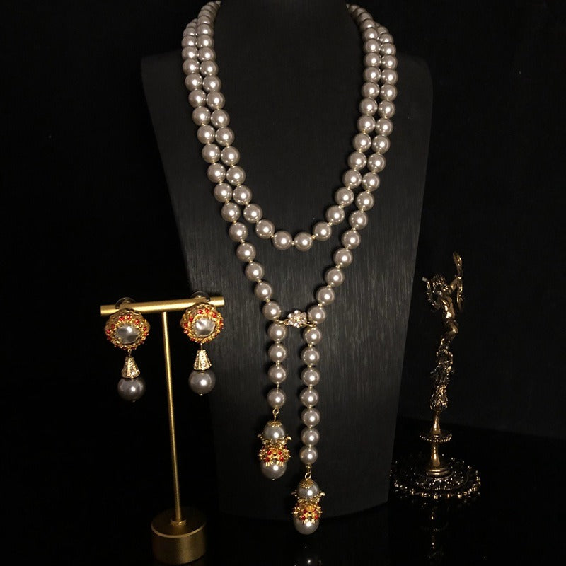 Layered Glass Pearl Super Long Necklace Sweater Chain