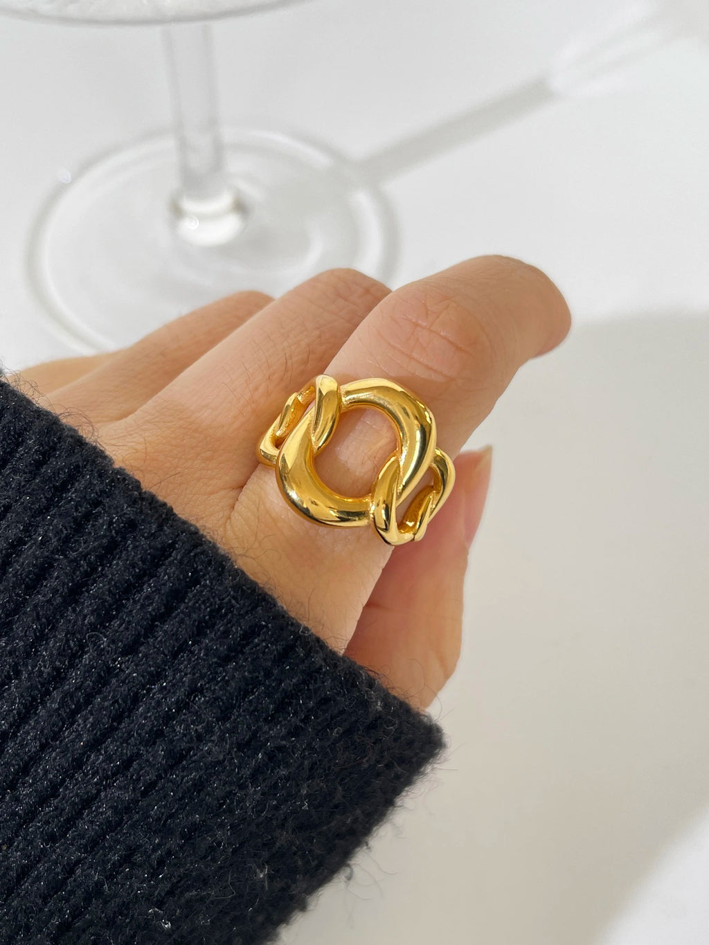 Gold Plated Chunky Link Chain Ring for Lady Statement Bold Wide Stackable Rings