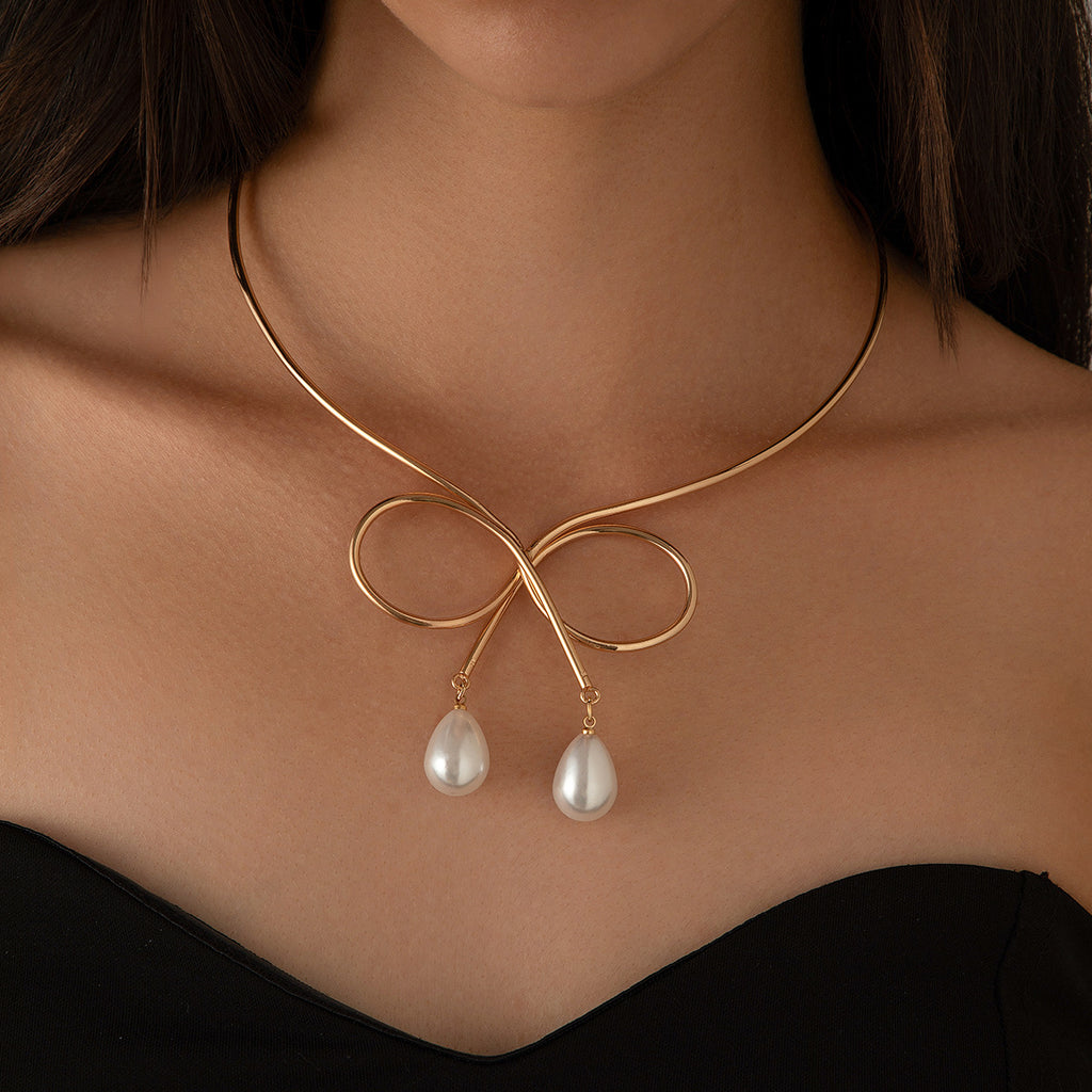 Plain Circle Butterfly Knot Choker Women's Water Drop Imitation Pearl Fashion Punk Metal Collar