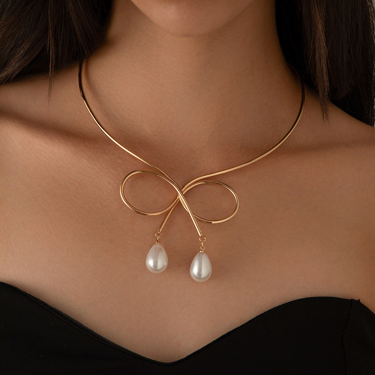 Plain Circle Butterfly Knot Choker Women's Water Drop Imitation Pearl Fashion Punk Metal Collar