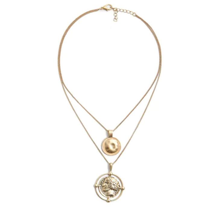 Gold Color Hanging Portrait Coin Chain Choker Necklace Female Layered Charms Pendant  Bohemia Necklaces