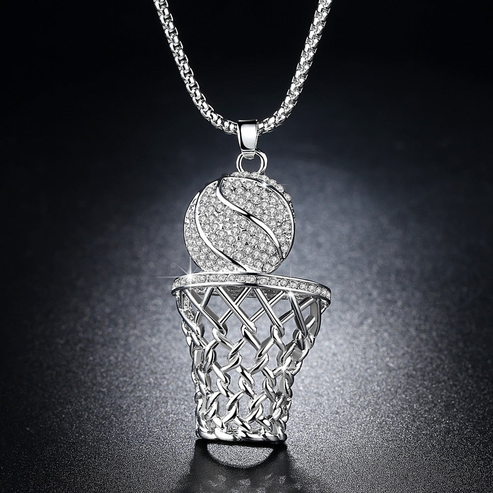 Men's Necklace Ice Gold Basketball And Hoop Necklace Gold Silver Steel Chain Pendant Long Chain Necklace Sport Cell Gift