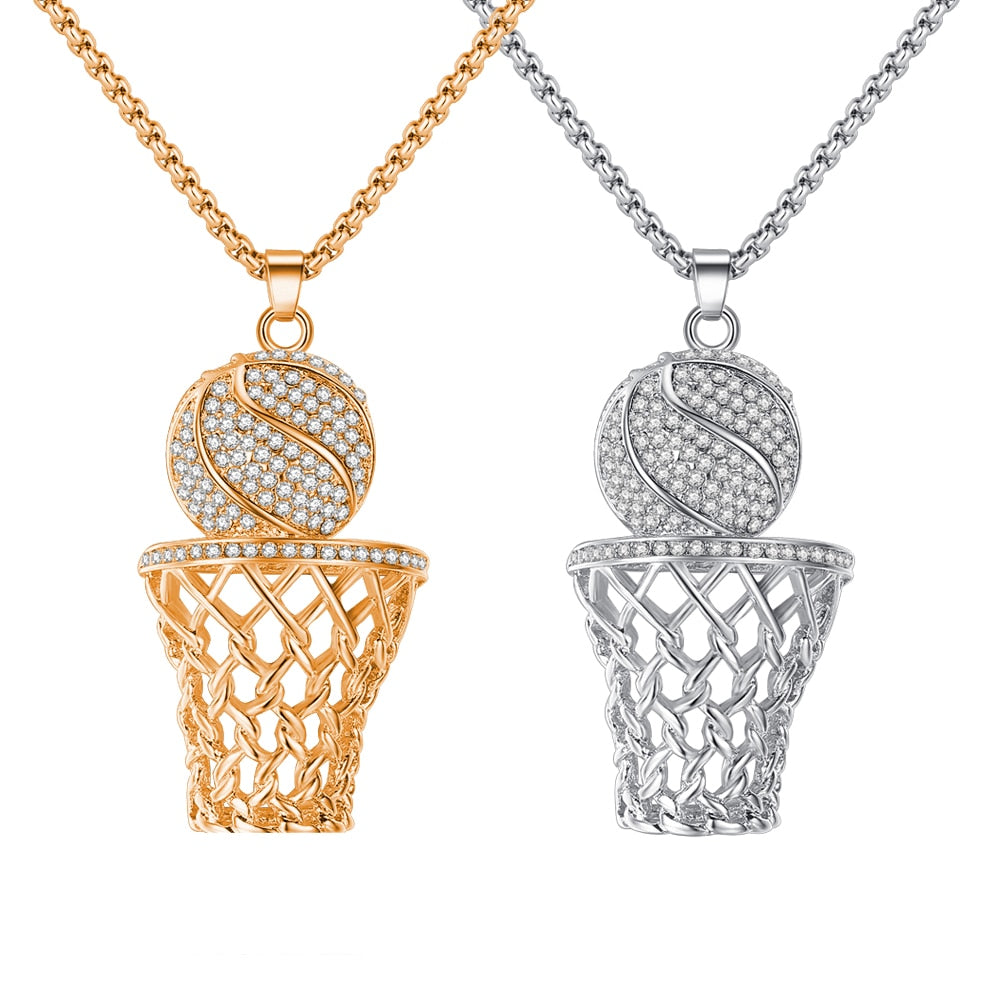 Men's Necklace Ice Gold Basketball And Hoop Necklace Gold Silver Steel Chain Pendant Long Chain Necklace Sport Cell Gift