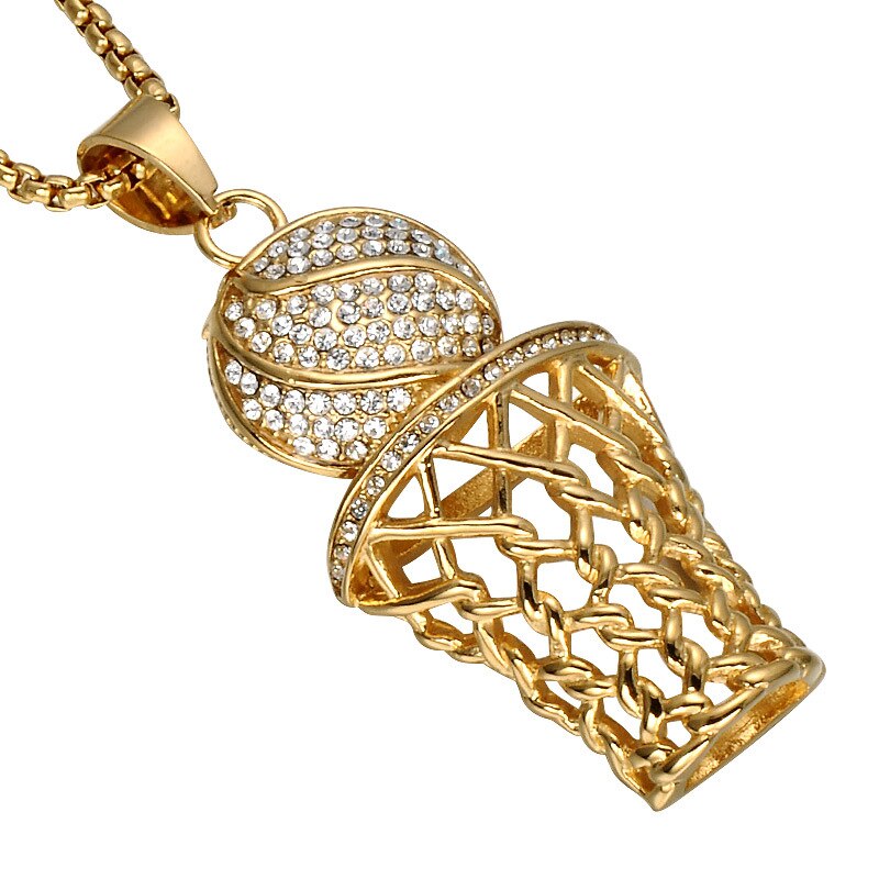 Men's Necklace Ice Gold Basketball And Hoop Necklace Gold Silver Steel Chain Pendant Long Chain Necklace Sport Cell Gift