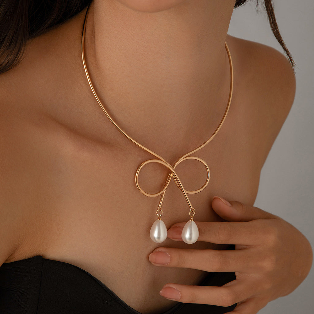 Plain Circle Butterfly Knot Choker Women's Water Drop Imitation Pearl Fashion Punk Metal Collar