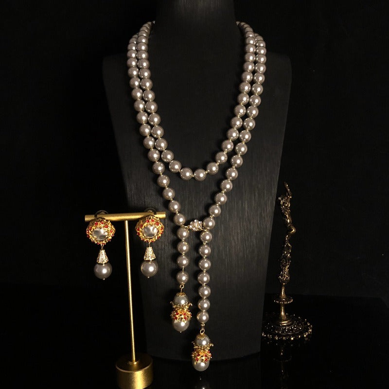 Layered Glass Pearl Super Long Necklace Sweater Chain