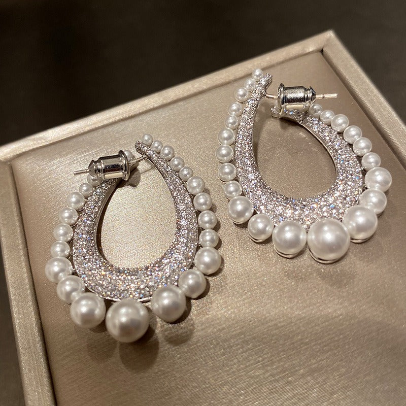 Full diamond row of pearl water drop earrings female pearl inlaid with diamond detachable earrings simple circle