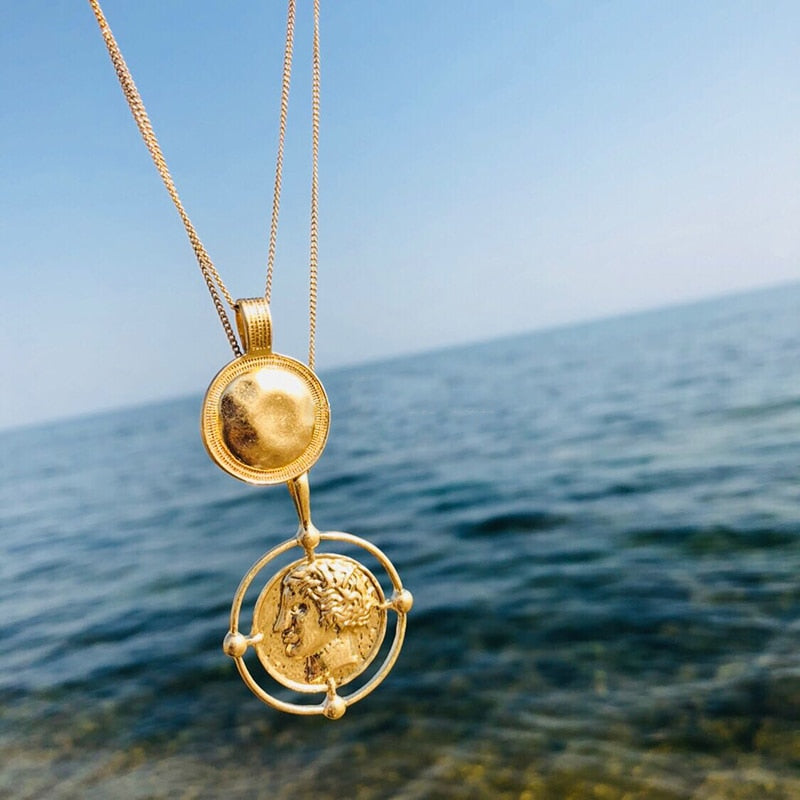 Gold Color Hanging Portrait Coin Chain Choker Necklace Female Layered Charms Pendant  Bohemia Necklaces