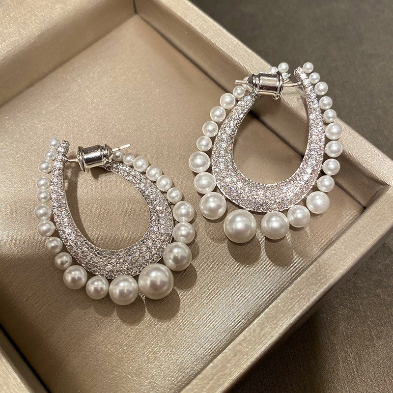 Full diamond row of pearl water drop earrings female pearl inlaid with diamond detachable earrings simple circle