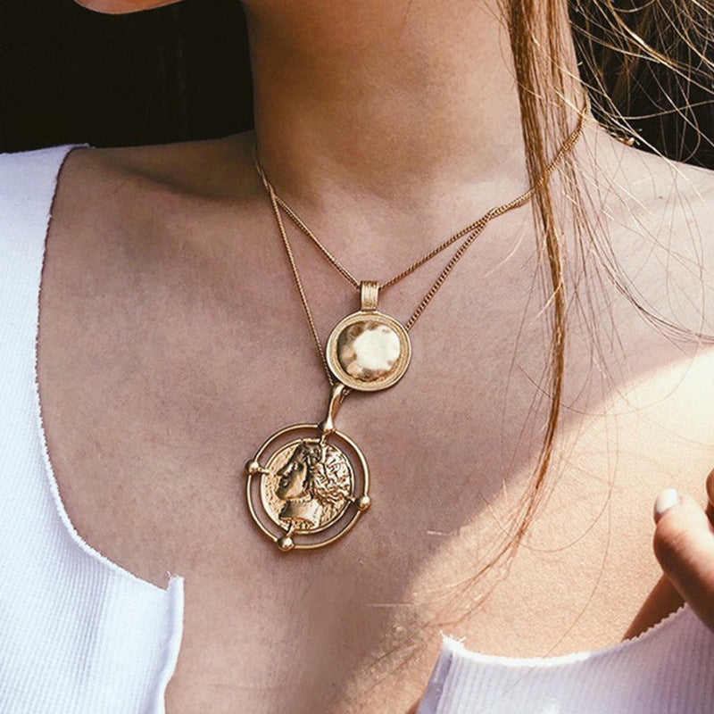 Gold Color Hanging Portrait Coin Chain Choker Necklace Female Layered Charms Pendant  Bohemia Necklaces