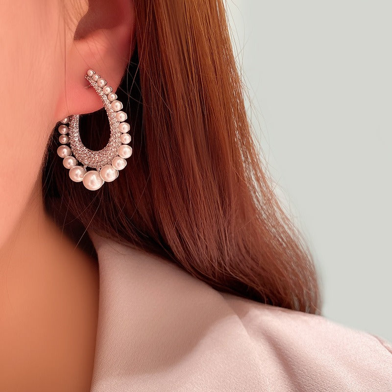 Full diamond row of pearl water drop earrings female pearl inlaid with diamond detachable earrings simple circle
