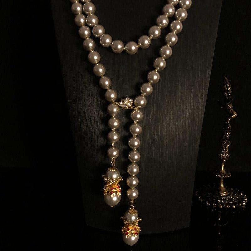 Layered Glass Pearl Super Long Necklace Sweater Chain