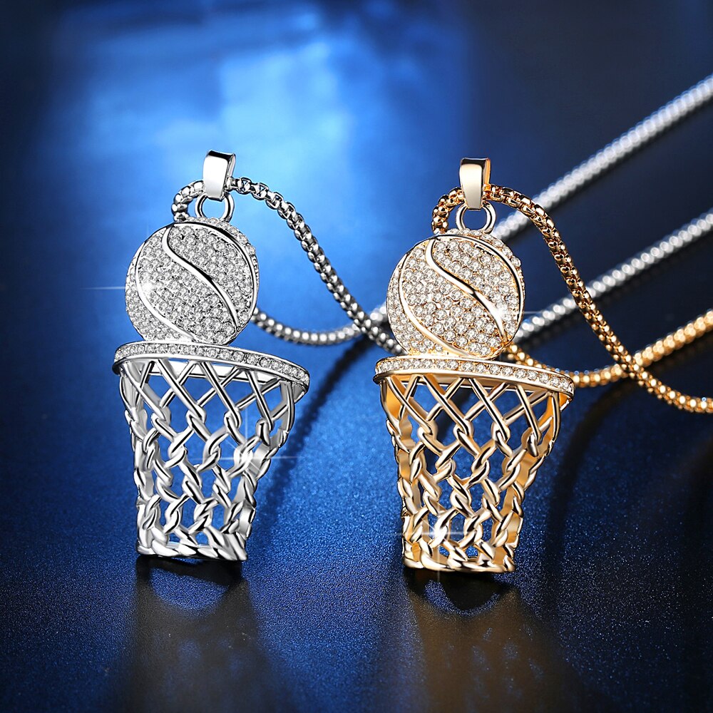 Men's Necklace Ice Gold Basketball And Hoop Necklace Gold Silver Steel Chain Pendant Long Chain Necklace Sport Cell Gift