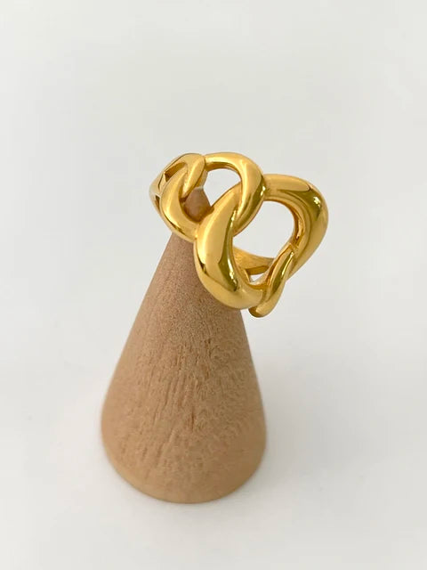 Gold Plated Chunky Link Chain Ring for Lady Statement Bold Wide Stackable Rings