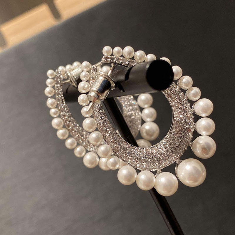 Full diamond row of pearl water drop earrings female pearl inlaid with diamond detachable earrings simple circle