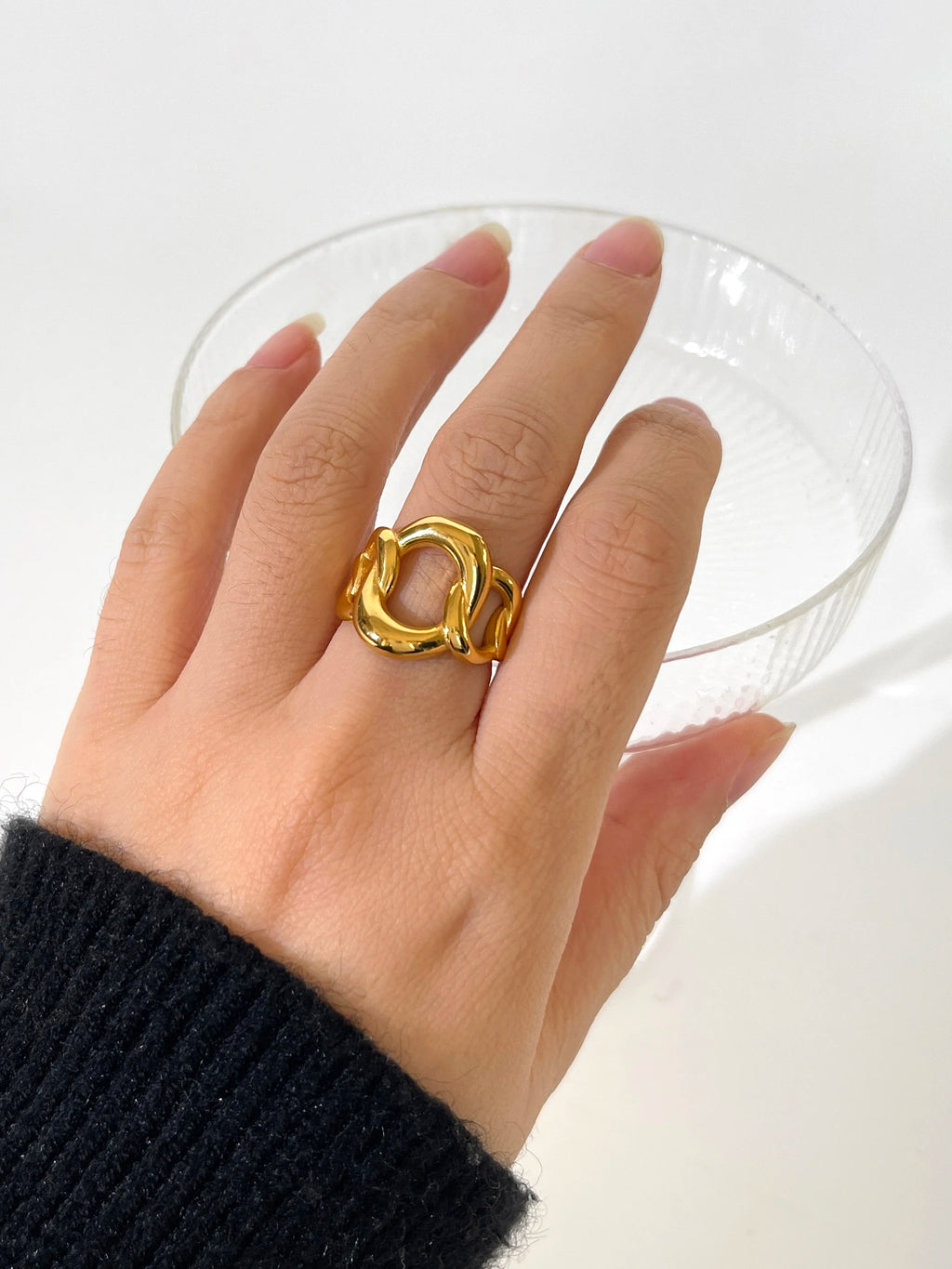 Gold Plated Chunky Link Chain Ring for Lady Statement Bold Wide Stackable Rings