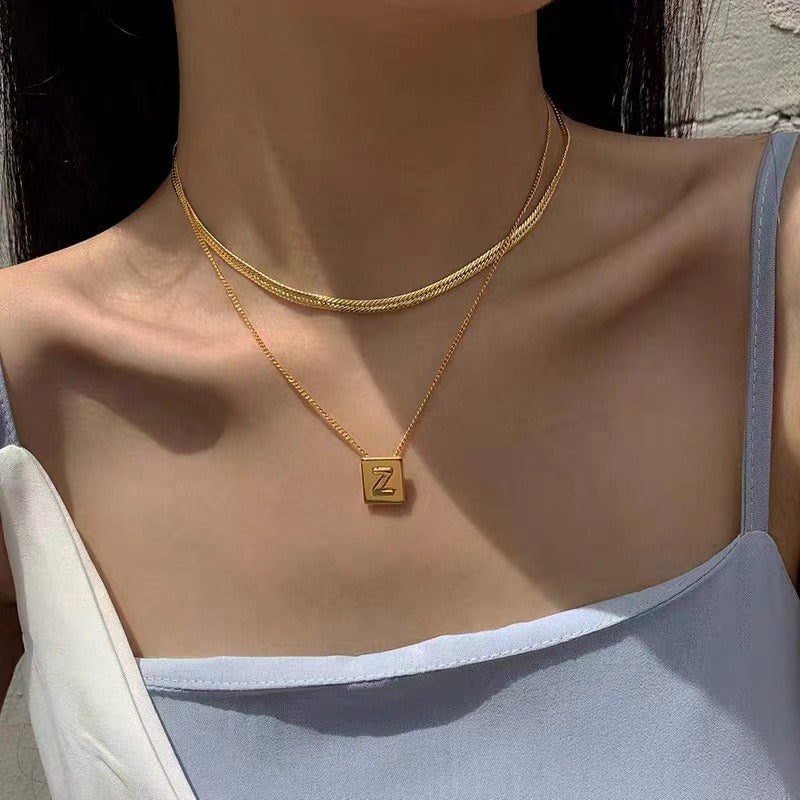 Stainless steel square letter necklace design titanium steel 26 letter necklace for women