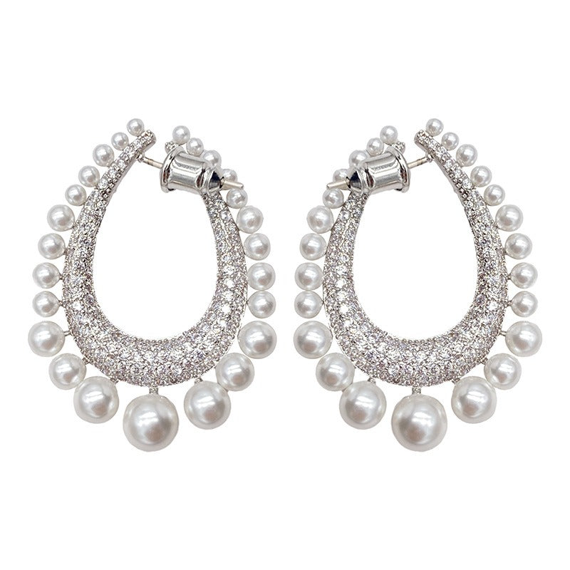 Full diamond row of pearl water drop earrings female pearl inlaid with diamond detachable earrings simple circle